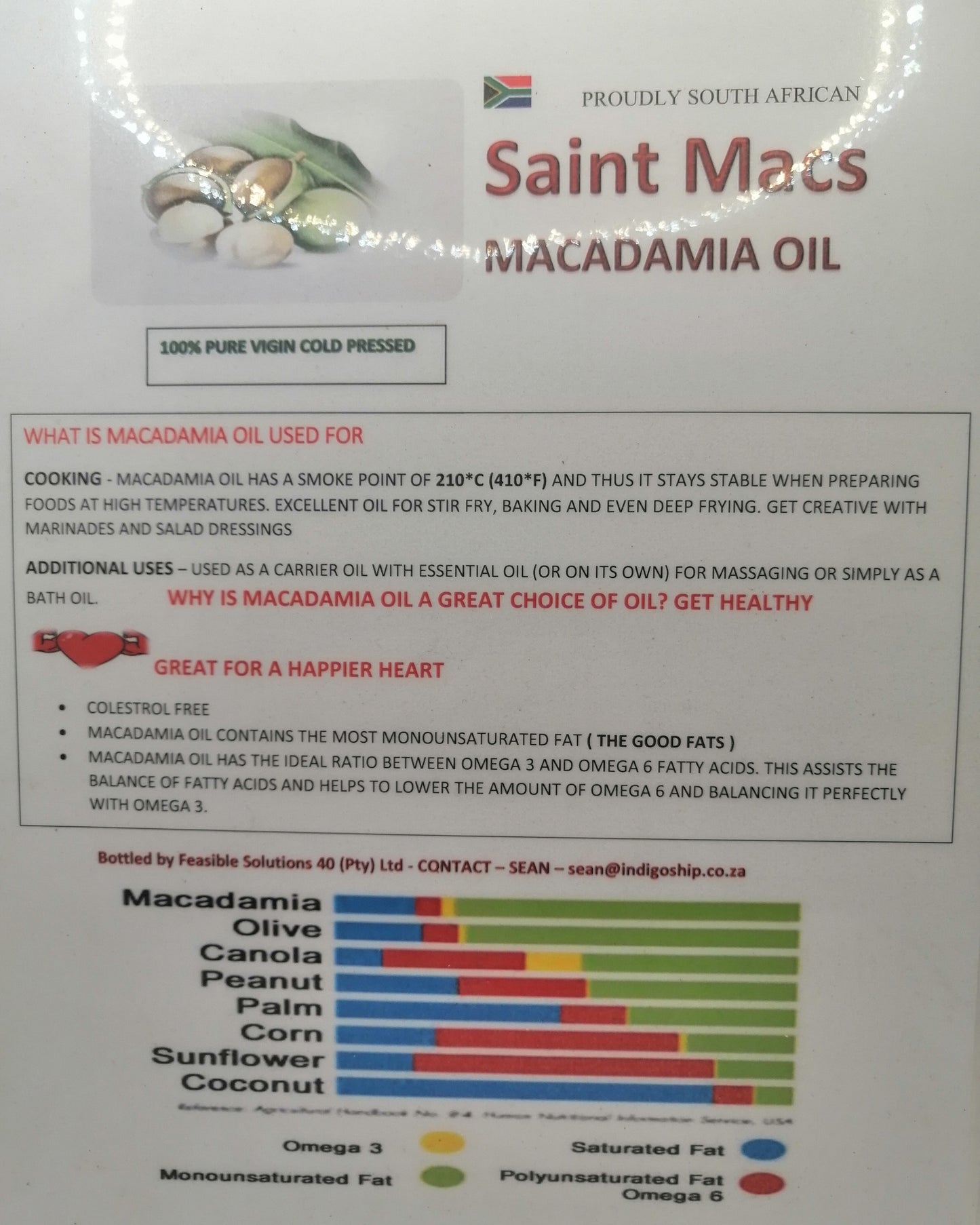Macadamia Oil - Extra Virgin Cold Pressed - 500Ml